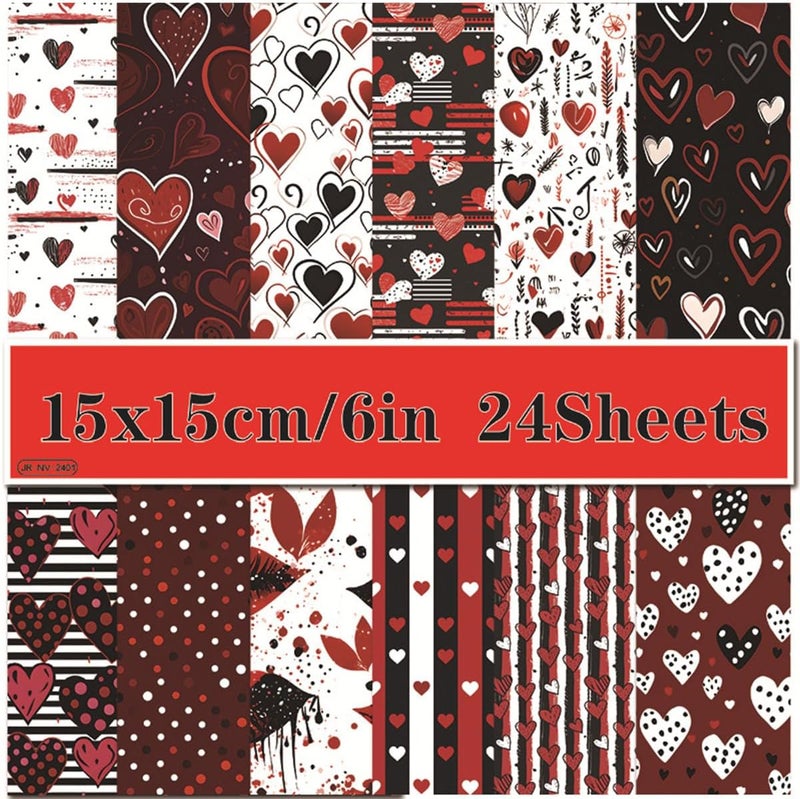 WLXTREE Valentine’s Day Scrapbook Paper 6 x 6 - Single Sided 24 Sheets Printing Black Red Love Pattern Decorative Craft Paper Pad for Junk Journals Bullet Journal Card Making - Image 1